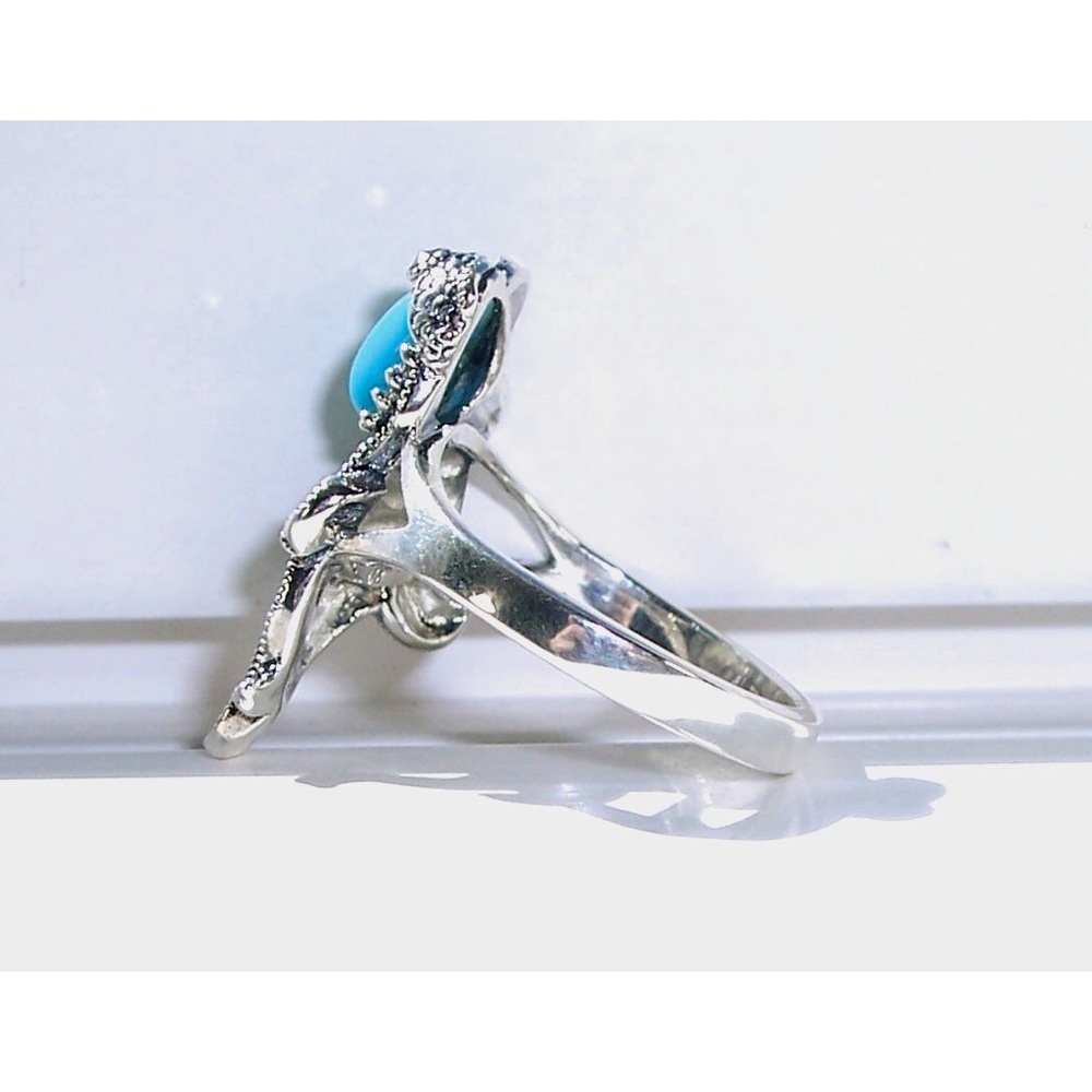 925 STERLING SILVER Simulated Turquoise Fish Ghost Marcasite Ring - Picture 7 of 16